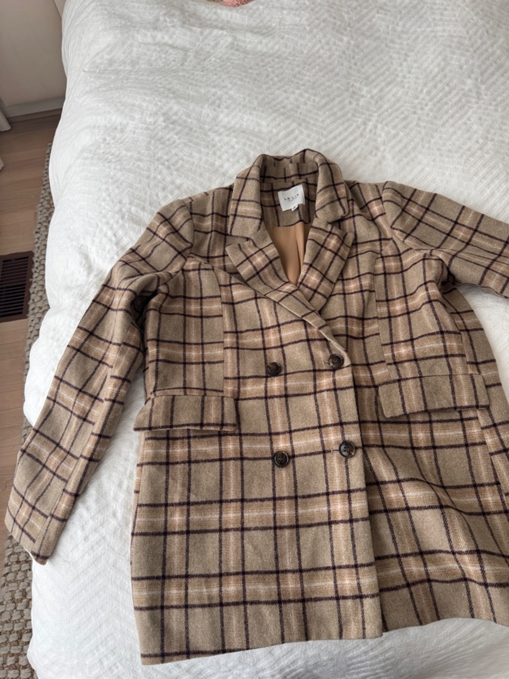 Le Lis Tan Plaid Double-Breasted Blazer